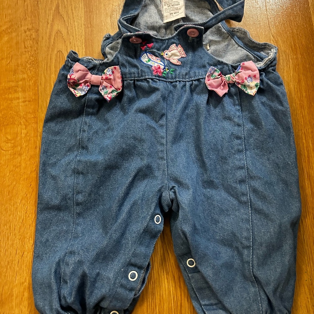 Girls' Blue Denim Overalls with Pink Floral Bows